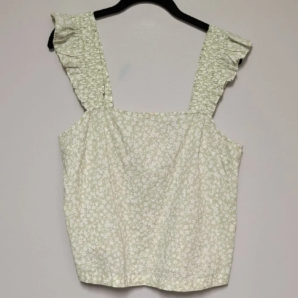 J. Crew Light Green Floral Tank Top with Ruffle Straps